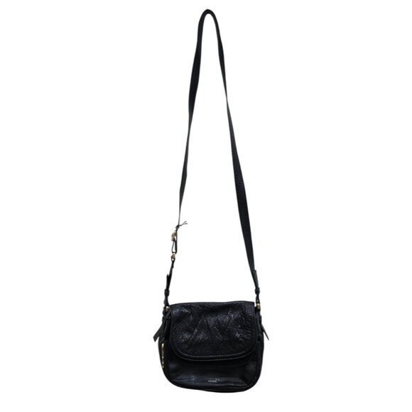 Fossil Peyton Double Flap Crossbody Small Black Leather Handbag - Picture 9 of 16